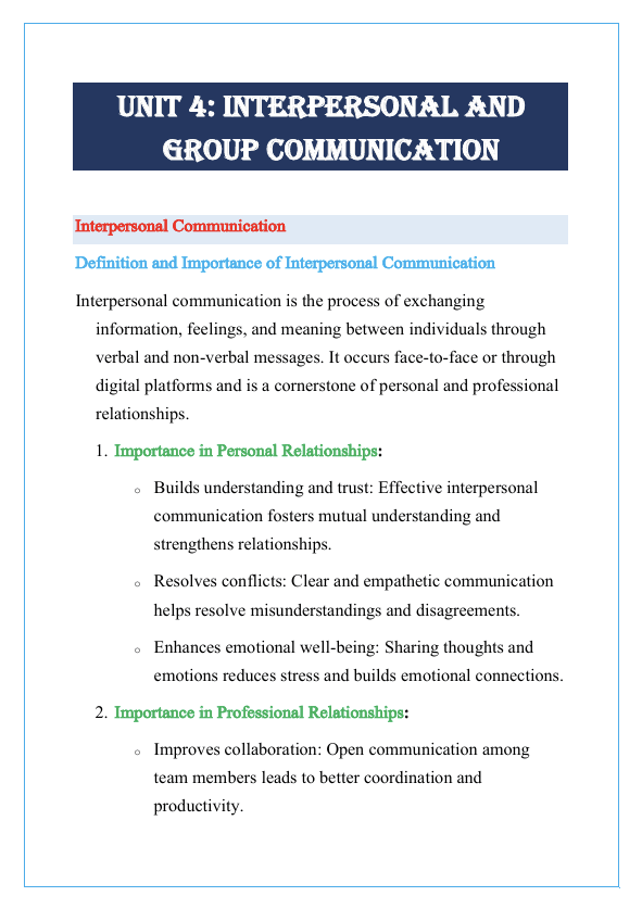 Interpersonal and Group Communication Notes