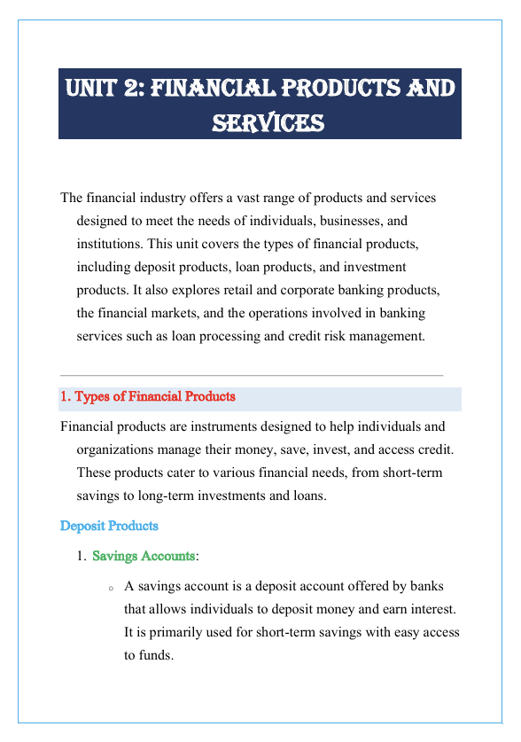 Financial Products and Services Notes
