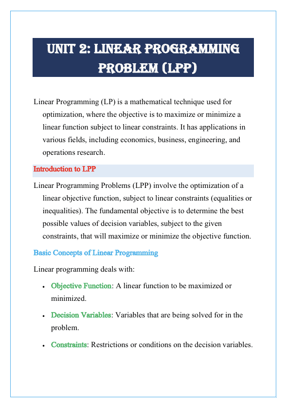 Linear Programming Problem (LPP) Notes
