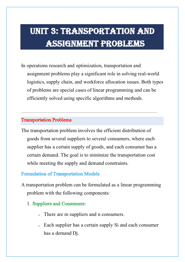 Transportation and Assignment Problems Notes
